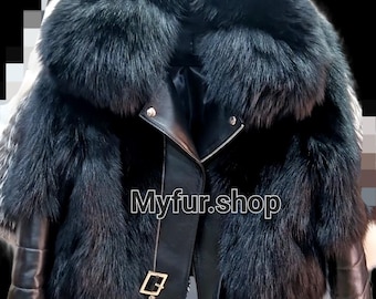 Men's Black Fox Fur and Leather jacket!Brand New Real Natural Genuine Fur