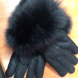 Sheepskin GLOVES with Fox trim!Brand New Real Natural Genuine Fur
