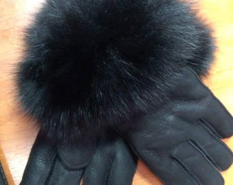 Sheepskin GLOVES with Fox trim!Brand New Real Natural Genuine Fur