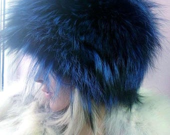 Royal Blue colored Silver Fox Fur HAT!Brand New Real Natural Genuine Fur
