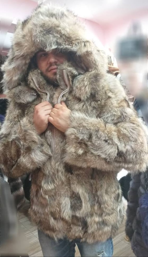 MEN'S New Real Natural Hooded COYOTE Fur Coat with | Etsy