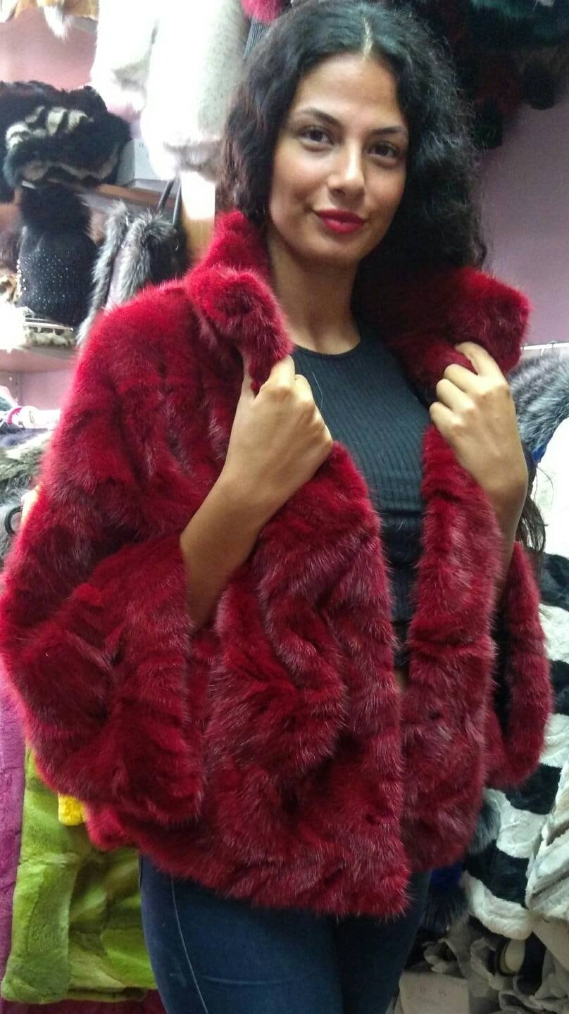 New! Fine Natural Real WINE RED color MINK,One Size Fur Jacket!