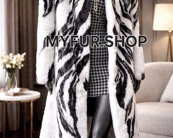 WHITE RABBIT Coat with Black Pattern!Brand New Real Natural Genuine Fur!