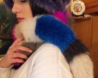 TWO MULTICOLOR FOX Fur Scarves!Brand New Real Natural Genuine Fur!