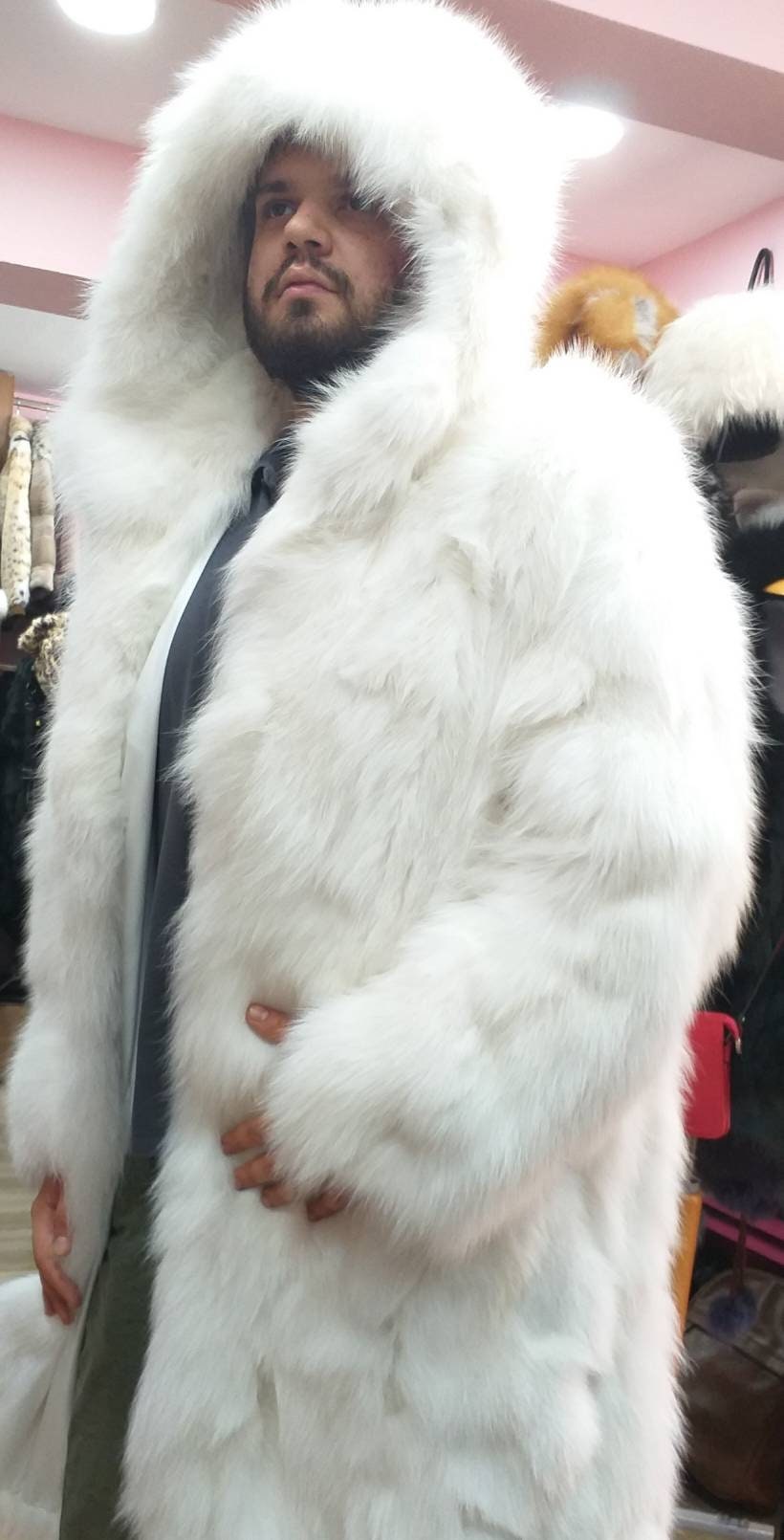 MEN'S WHITE FOX Long Hooded Fur Coat!Brand New Real Natural Genuine Fur!