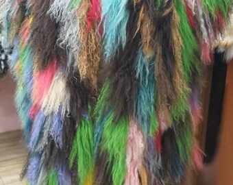 MULTICOLORED Mongolian Long Lamb Fur Vest!Brand New Real Natural Genuine Fur