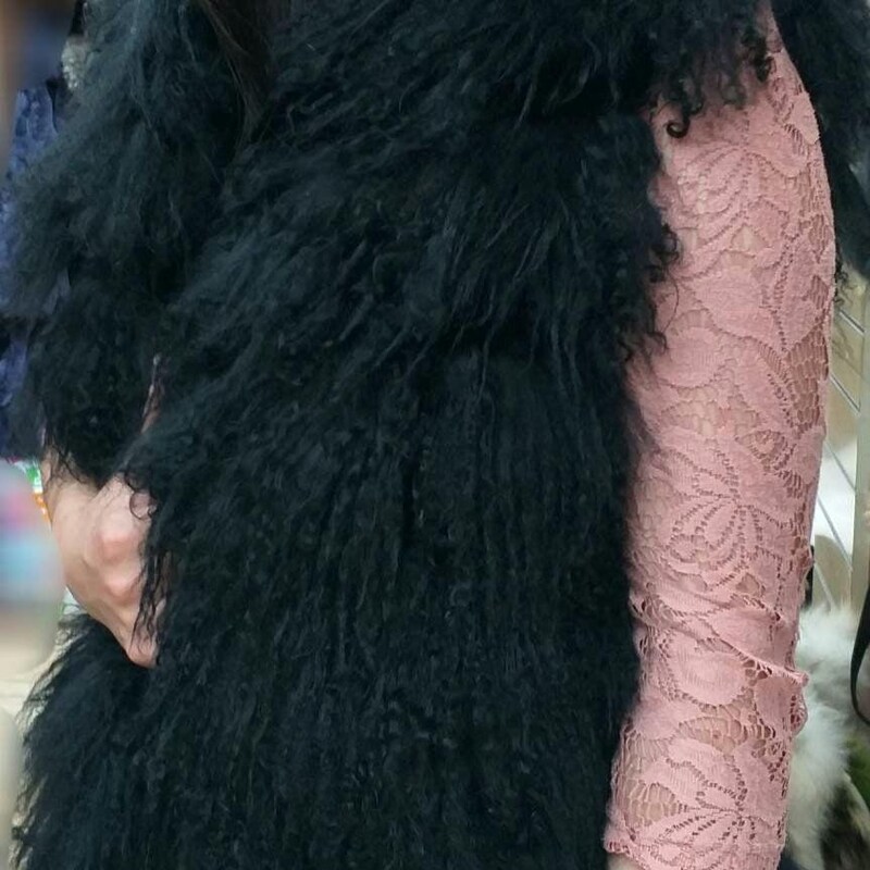 Black Leather Furred Mini Vest With Gold Buckle Detail