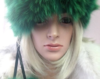 GREEN FOX HAT!One Size!Brand New Real Natural Genuine Fur!