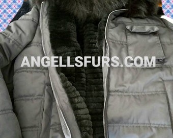 Men'S Hooded Black BOMBER jacket with internal REAL FUR!