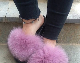 FOX FUR SLIDES!Brand New Real Natural Genuine Fur