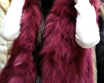 HOODED BURGUNDY FOX Vest!Brand New Real Natural Genuine Fur