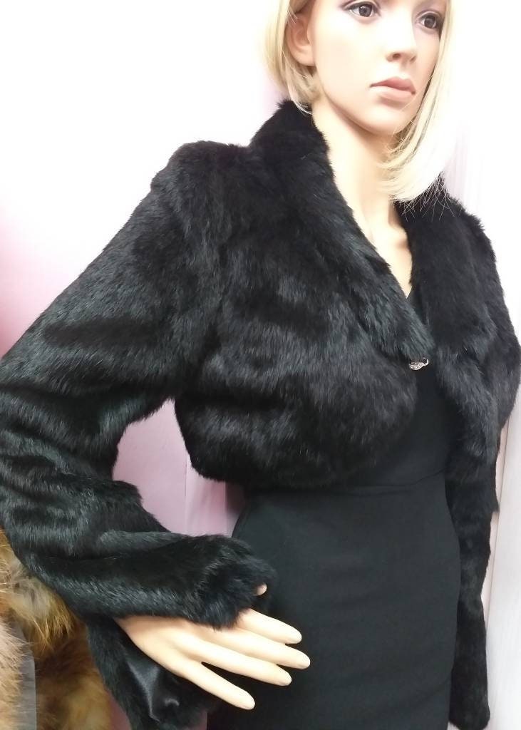 BLACK FUR BOLERO!Rabbit fur!Brand New Real Natural Genuine Fur!