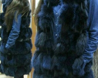 LONG BLUE FOX Fur Vest with leather straps!Brand New Real Natural Genuine Fur!