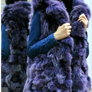 HOODED PURPLE FOX Vest!Order Any color!Brand New Real Natural Genuine Fur!