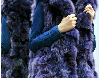 HOODED PURPLE FOX Vest!Order Any color!Brand New Real Natural Genuine Fur!
