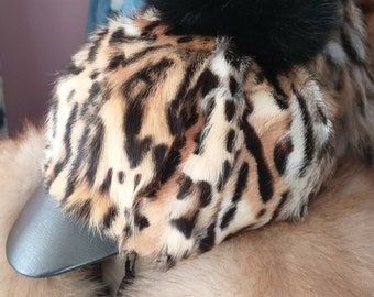ANIMAL PRINT Jockey style HAT with fox pom on top!Brand New Real Natural Genuine Fur!