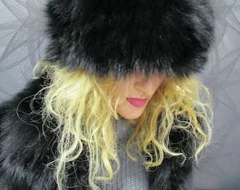 New!Natural,Real black color Fox Fur HAT!!!