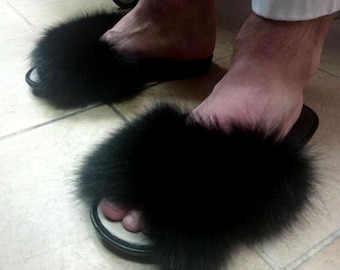 MEN's LEATHER SANDALS with Black Fox on!Brand New Real Natural Genuine Fur