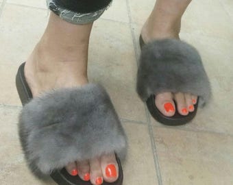 MINK Fur Slides!Unisex!Brand New Real Natural Genuine Fur