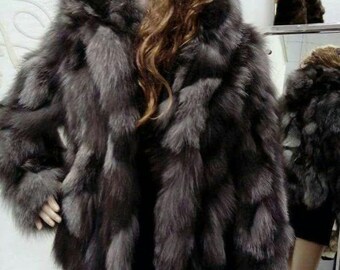 SILVER FOX HOODED Fur jacket!Brand New Real Natural Genuine Fur