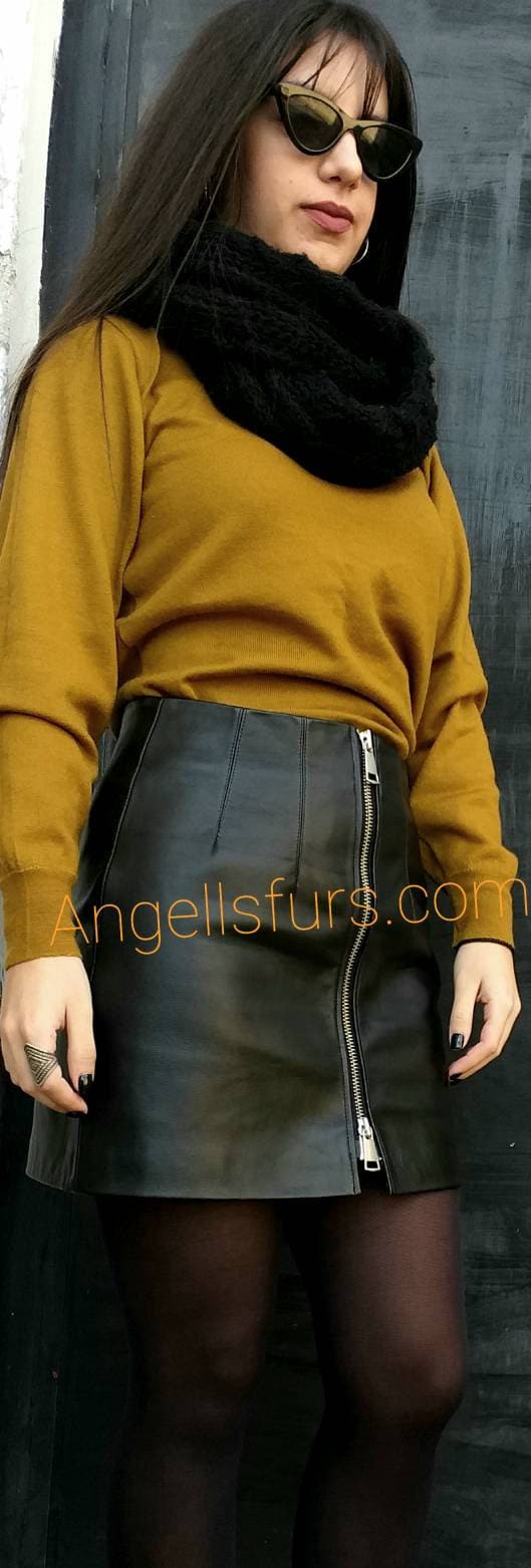 New Basic! REAL Natural BLACK LEATHER Mini Skirt!