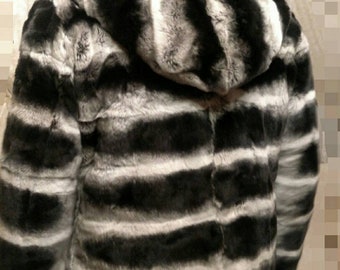 MEN'S REX FUR in chinchilla color short Jacket with Big hood!Brand New Real Natural Genuine Fur!