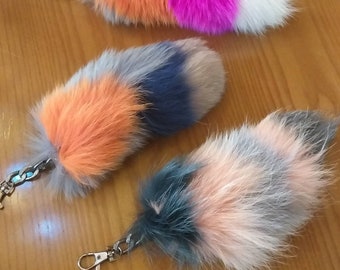 THREE Multicolor FOX POM-tail style keychains!Brand New Real Natural Genuine Fur