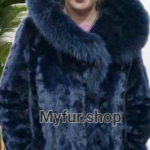 HOODED Blue Colored MINK FUR Coat!Order Any color!Brand New Real Natural Genuine Fur!
