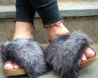 SILVER FOX Fur MULES!Brand New Real Natural Genuine Fur!