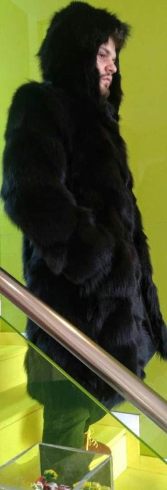 メンズ ブラック フォックス ファー コート！新品、本物の天然本毛皮