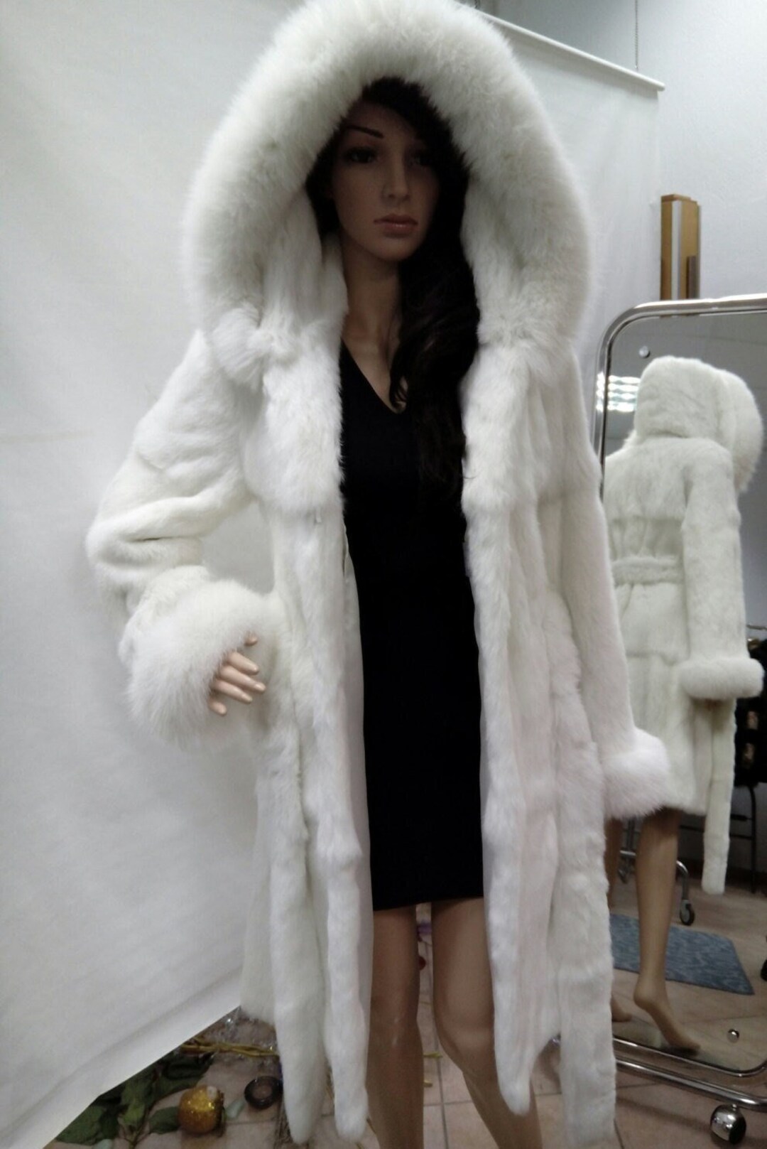 HOODED WHITE RABBIT Fur Coat With Fox!order Any Color!brand HOODED WHITE RABBIT Fur Coat With Fox!order Any Color!brand