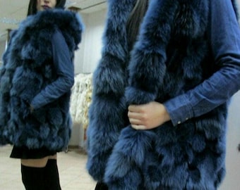 BLUE colored FOX hooded vest!Brand New Real Natural Genuine Fur