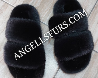 MINK FUR SLIDES!Order Any color!Brand New Real Natural Genuine Fur!