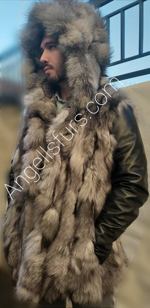MEN S HOODED SILVER Fox Fur With Detachable Real Leather