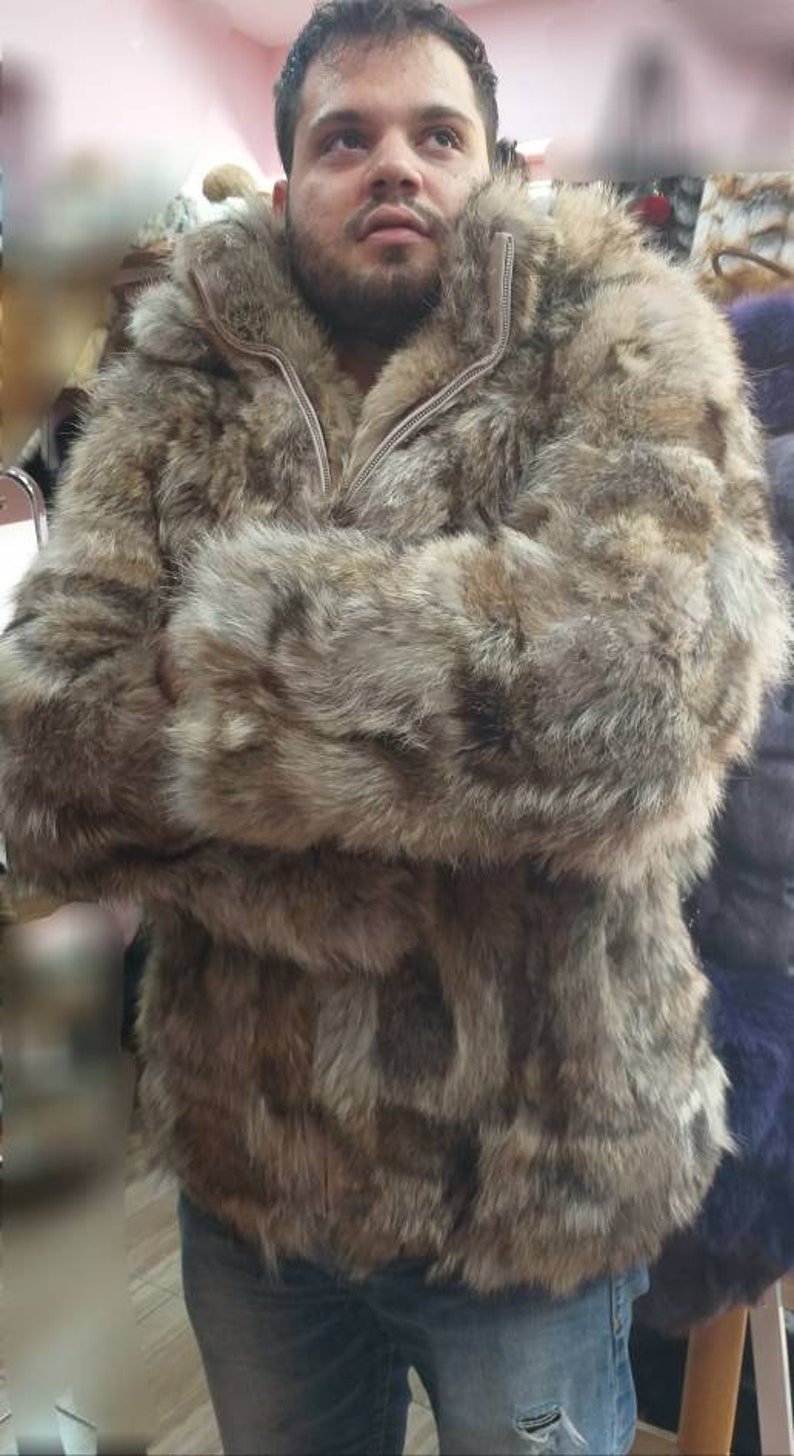 MEN'S New Real Natural Hooded COYOTE Fur Coat With - Etsy