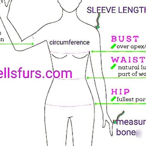 May include: Diagram showing how to measure different parts of the body for clothing, including bust, waist, hip, bicep, and sleeve length. The diagram includes text labels and green check marks to indicate the measurement points.