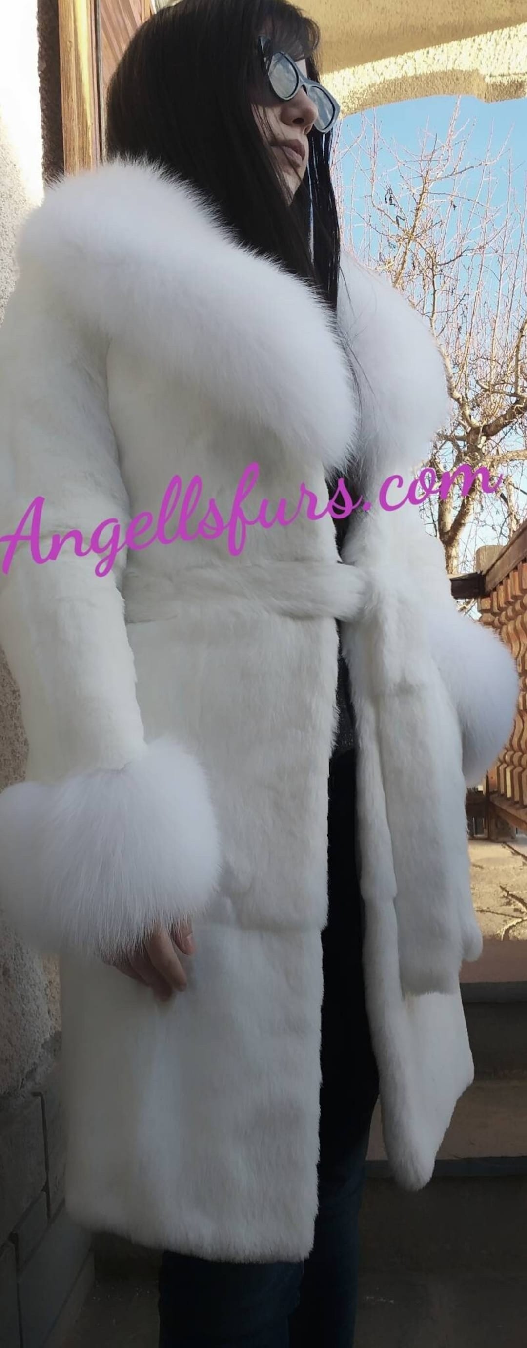 WHITE RABBIT Fur Coat With White FOX Collarbrand New Real Natural