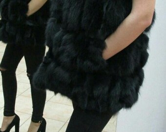 BLACK FOX VEST!Brand New Real Natural Genuine Fur