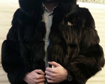 MEN'S HOODED BLACK Fox Coat with leather stripes!Brand New Real Natural Genuine Fur!