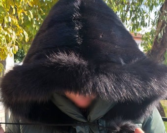 New,Natural Real Black fullskin MINK HOOD with Fox trim!