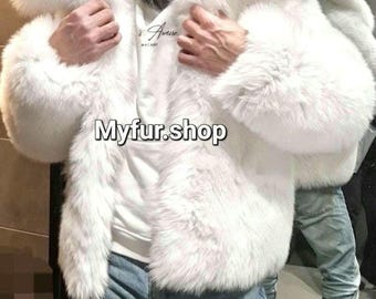 MEN'S WHITE FOX Fur Jacket!Brand New Real Natural Genuine Fur!