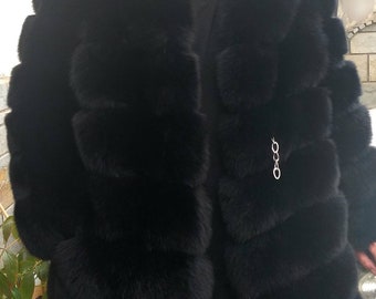 MEN'S BLACK FOX Hooded Coat!Brand New Real Natural Genuine Fur!