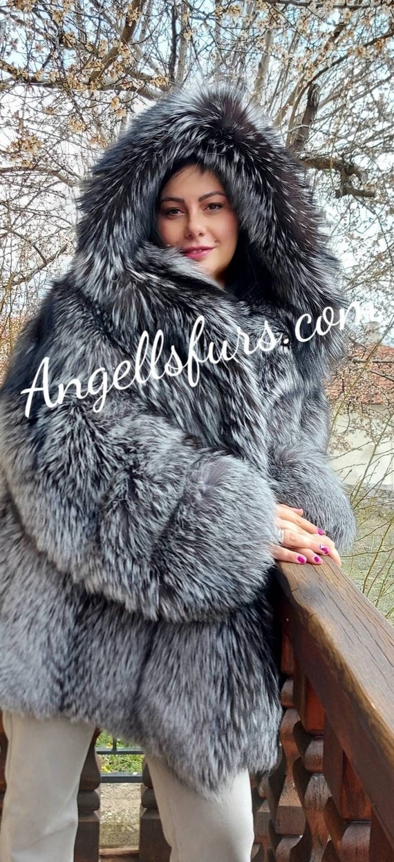 Red sheared mink fur coat with blue frost fox fur collar and cuffs