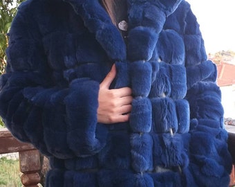 HOODED ROYAL Blue REX Fur coat!Brand New Real Natural Genuine Fur!