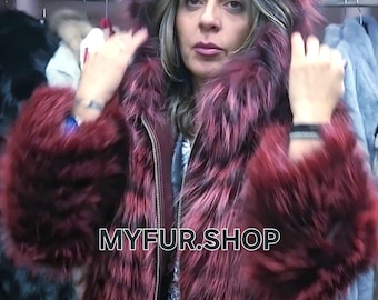 FOX HOODED JACKET in Burgundy color!Order Any color!Brand New Real Natural Genuine Fur