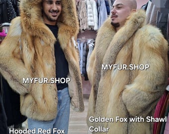 MEN'S HOODED RED Fox Jacket!Brand New Real Natural Genuine Fur!
