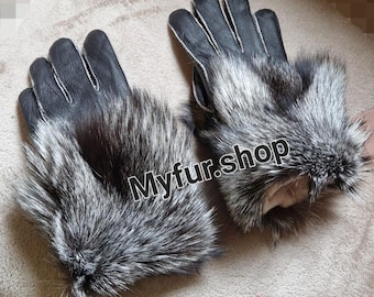 Sheepskin GLOVES with Fox trim!UNISEX!Brand New Real Natural Genuine Fur