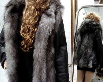Hooded silver fox jacket with leather!Brand New Real Natural Genuine Fur
