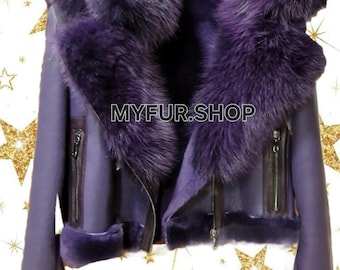 SHORT PURPLE SHEEPSKIN with Detachable Hood Short Jacket!Brand New Real Natural Genuine Fur