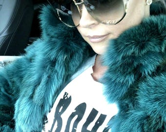 GREEN FOX JACKET!Brand New Real Natural Genuine Fur